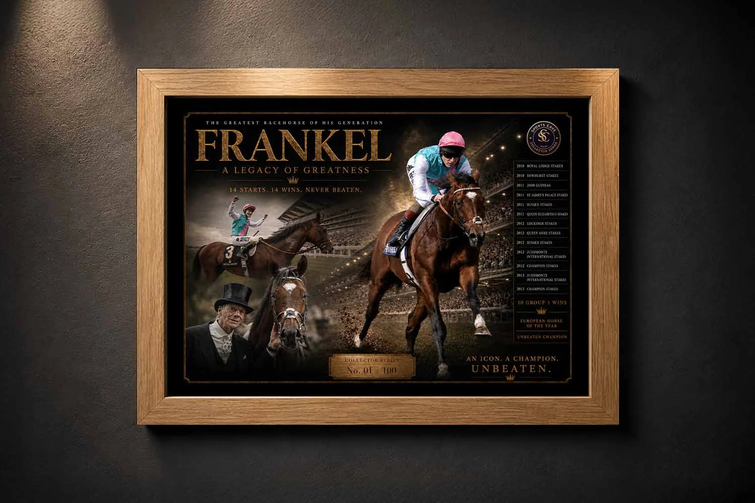 Frankel horse racing framed sports memorabilia artwork presented in a premium oak wood frame design.