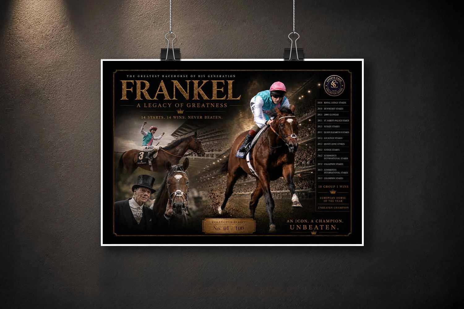 Unframed Frankel horse racing sports art print featuring the unbeaten champion in dramatic collector style.