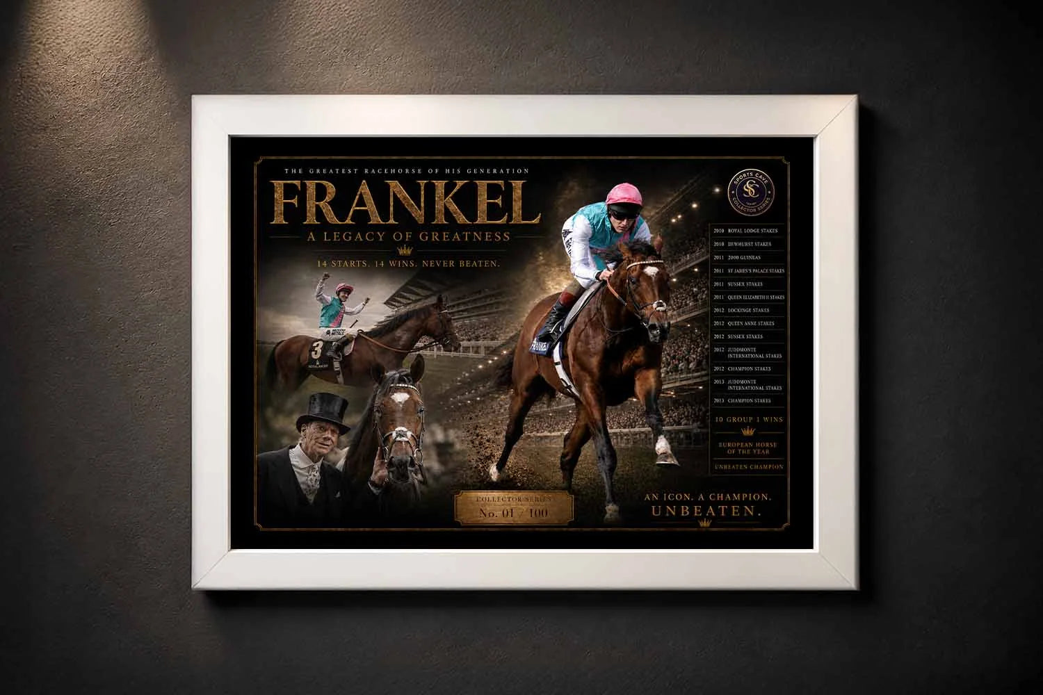 Frankel horse racing framed sports wall art in a clean white frame with premium collector display styling.