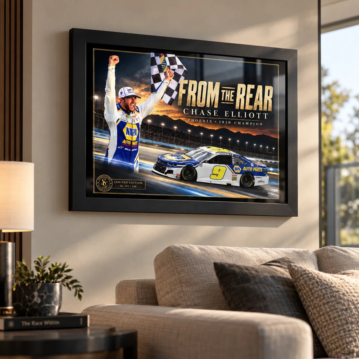 Chase Elliott NASCAR wall art displayed in a warm contemporary living room setting.