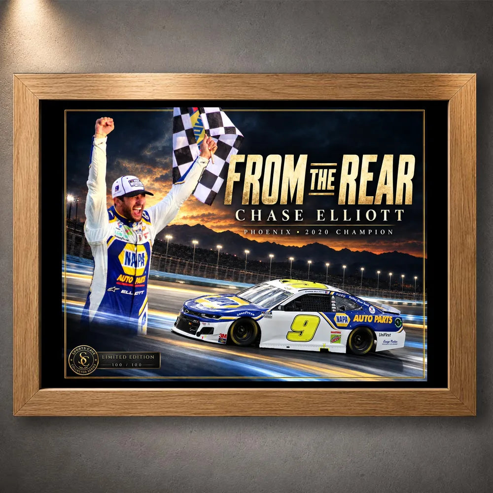 Oak framed Chase Elliott NASCAR wall art featuring the From The Rear racing collector design.