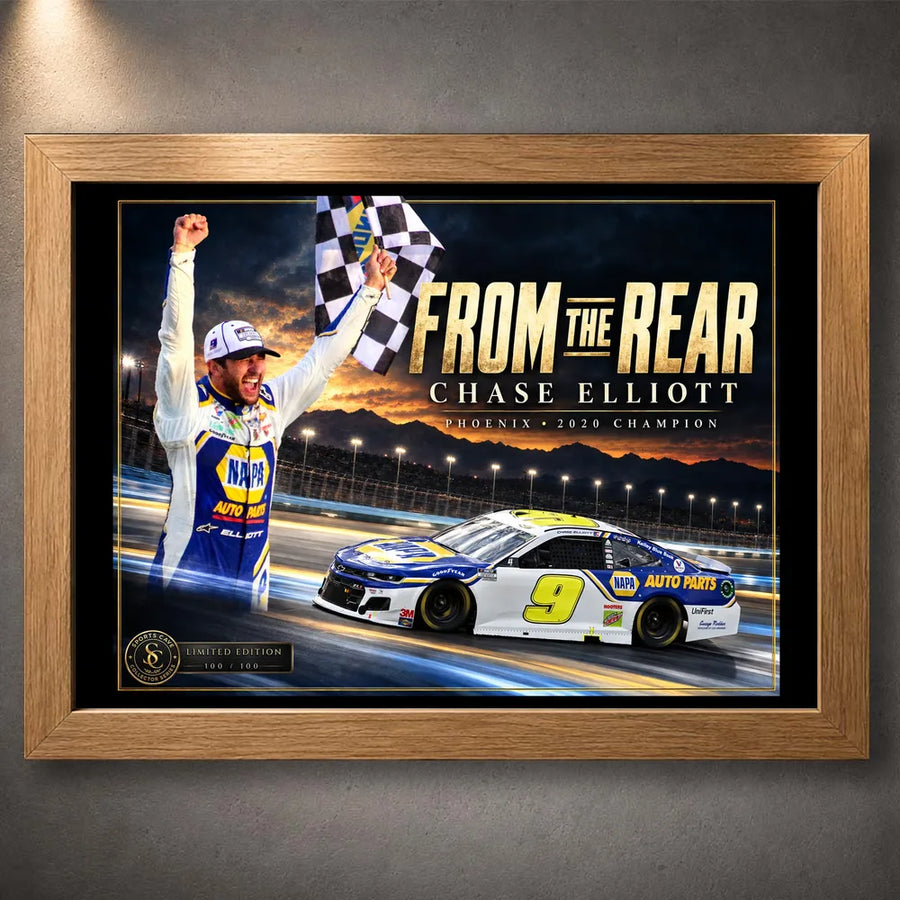 Oak framed Chase Elliott NASCAR wall art featuring the From The Rear racing collector design.