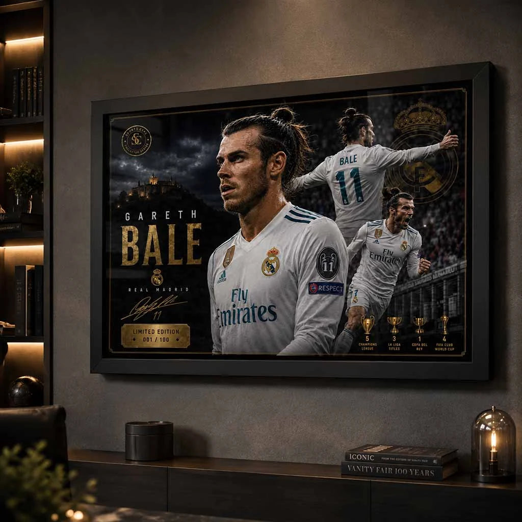 Gareth Bale Real Madrid framed sports art displayed in a luxury man cave wall décor setting.