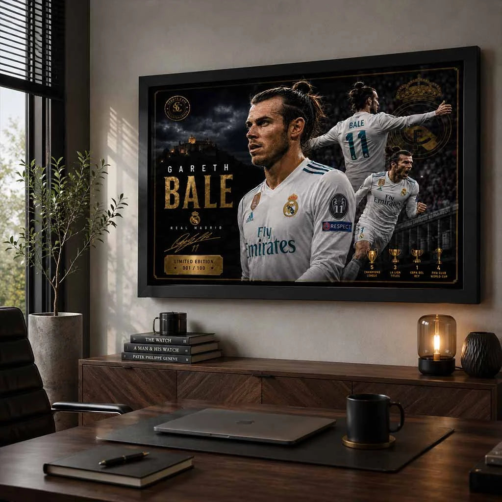 Premium Gareth Bale sports wall art showcased in a modern office inspired by Real Madrid football history.