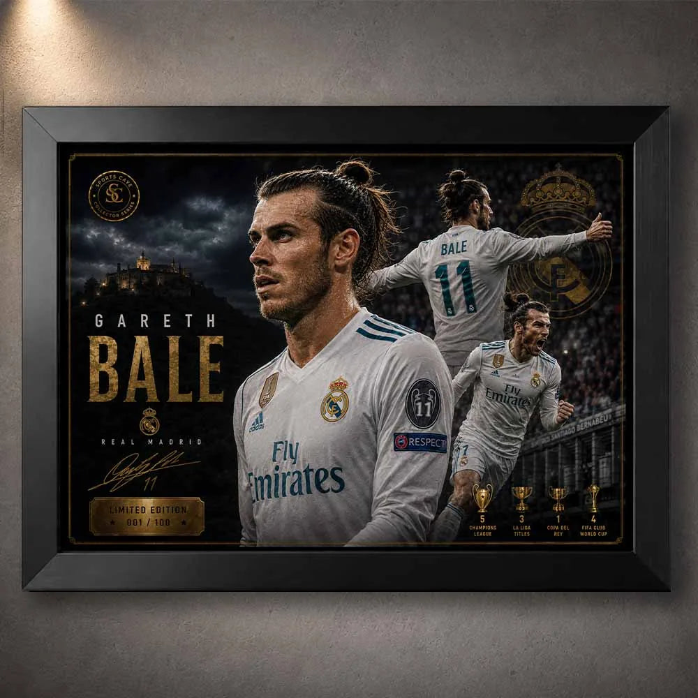 Gareth Bale Real Madrid sports wall art in a black frame with premium football poster styling.