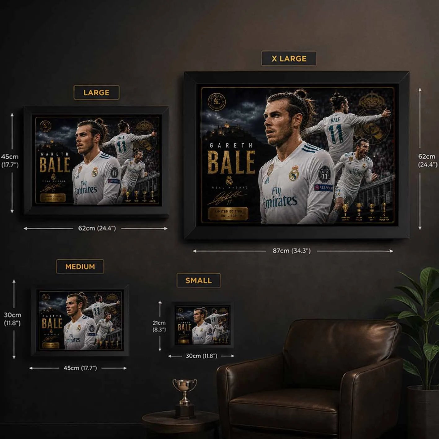 Gareth Bale framed sports memorabilia size guide showing multiple wall art sizes for Real Madrid fans.