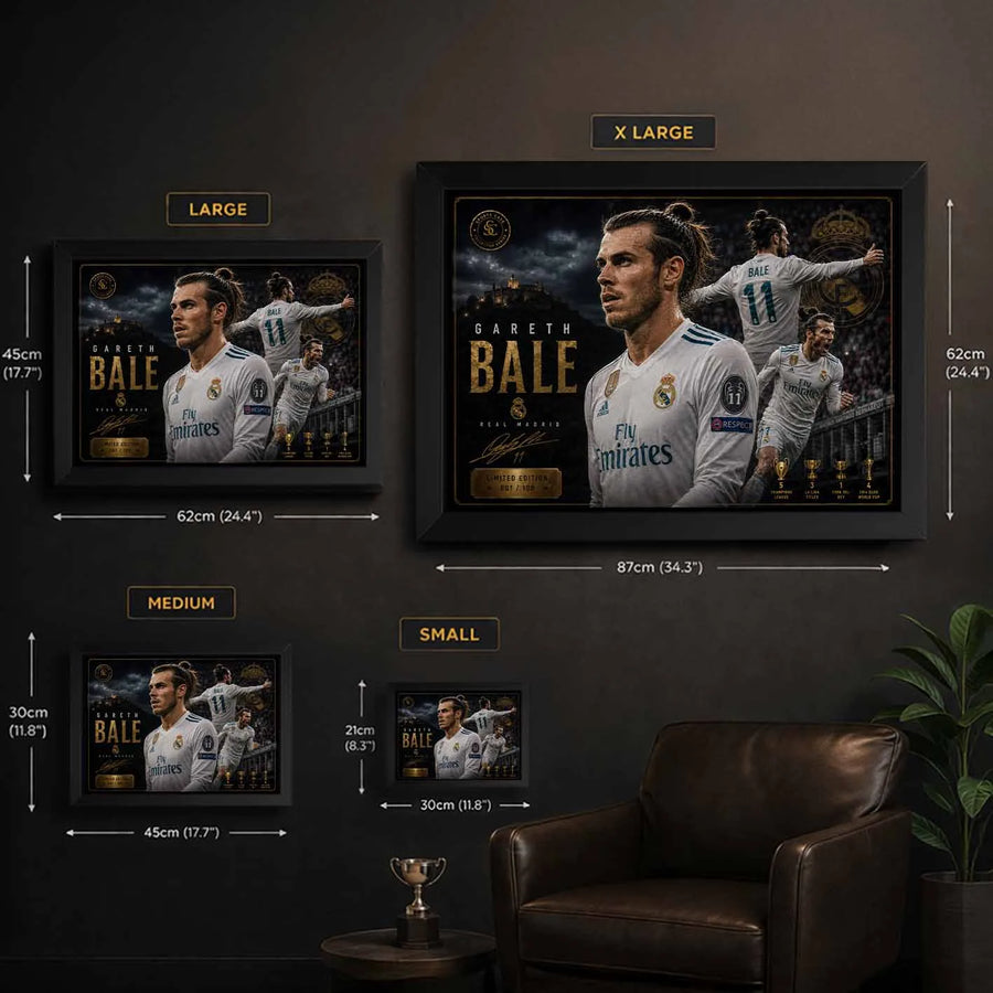 Gareth Bale framed sports memorabilia size guide showing multiple wall art sizes for Real Madrid fans.