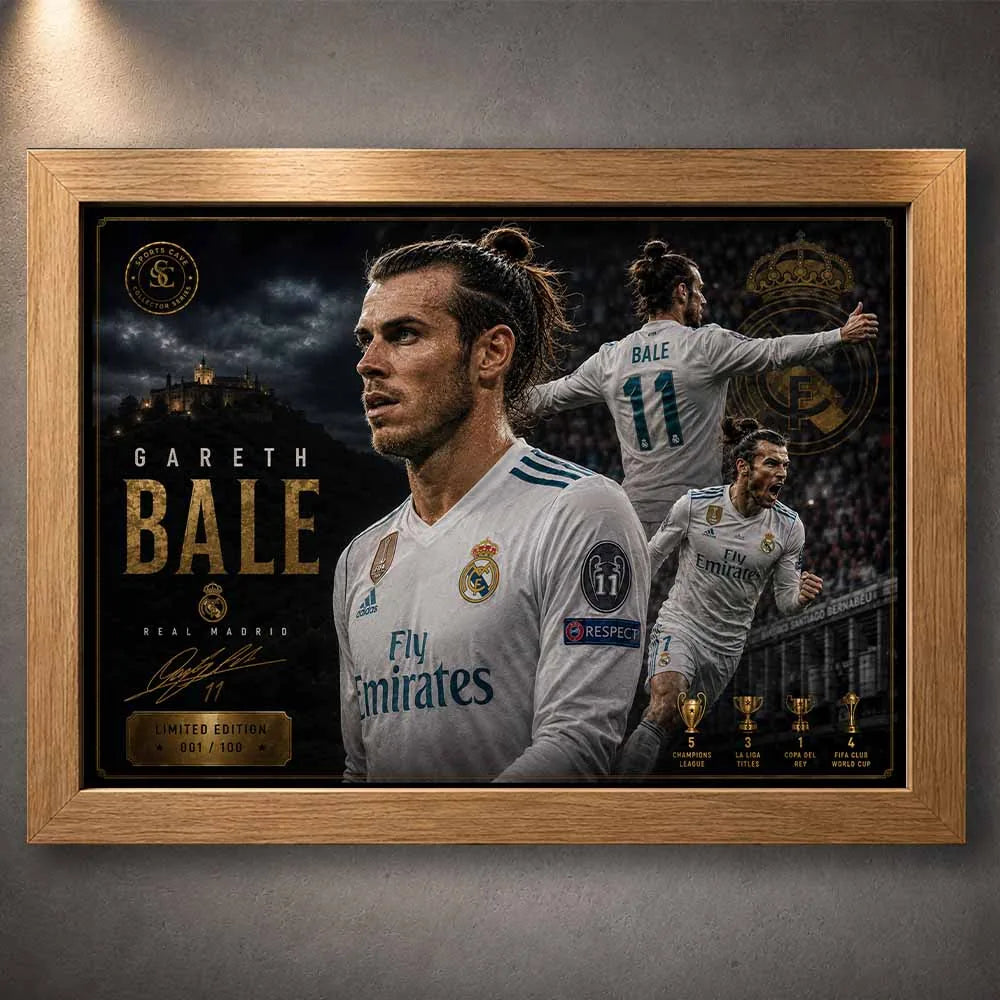 Gareth Bale Real Madrid premium sports collectibles artwork displayed in an elegant oak wood frame.