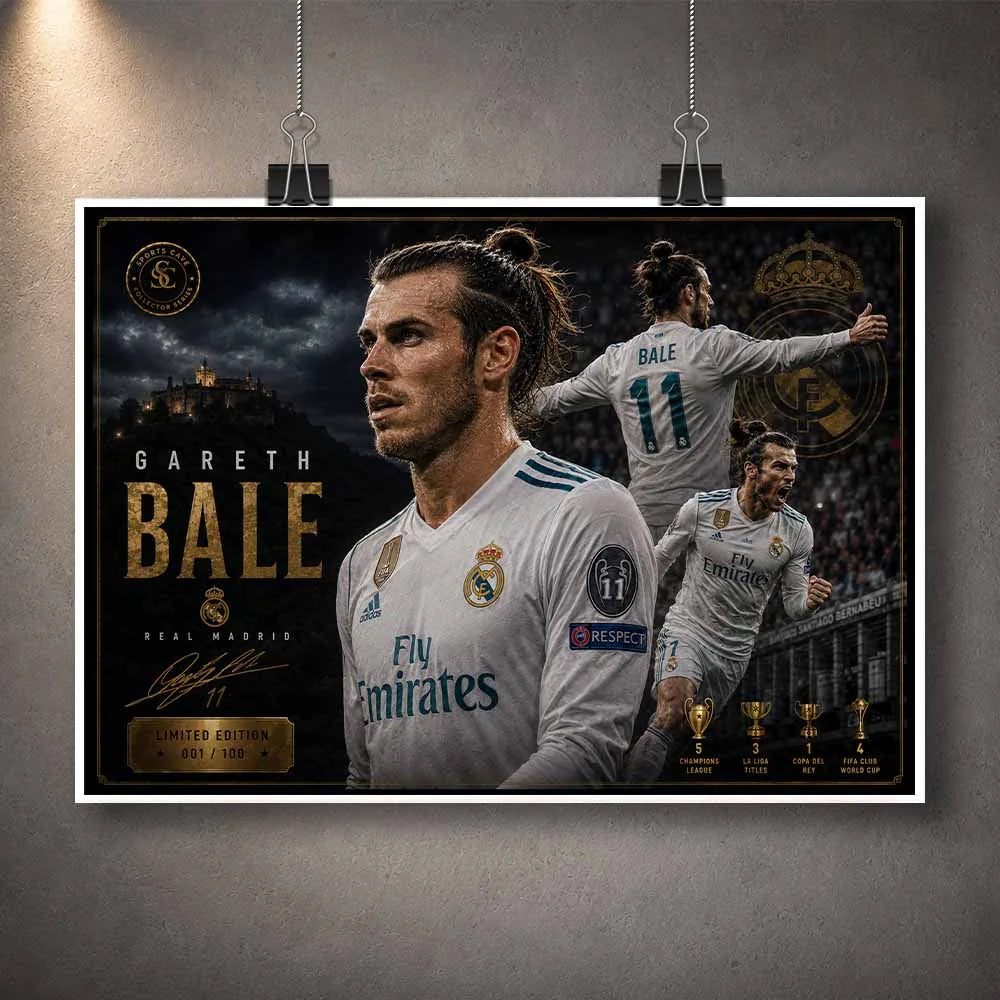 Unframed Gareth Bale limited edition sports prints celebrating Real Madrid trophies and iconic football moments.
