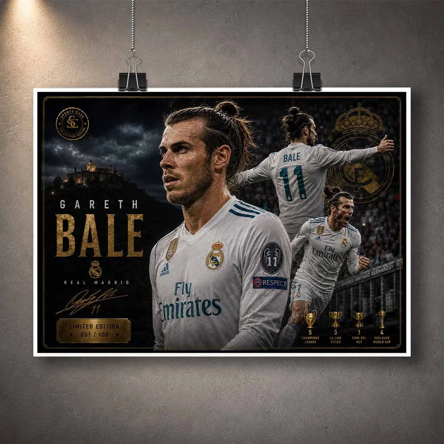 Unframed Gareth Bale limited edition sports prints celebrating Real Madrid trophies and iconic football moments.