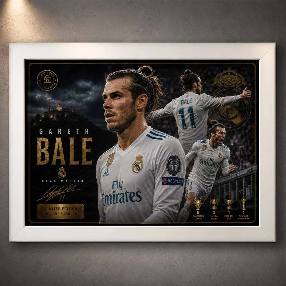 Gareth Bale Real Madrid framed sports art in a white frame featuring legendary Champions League success.