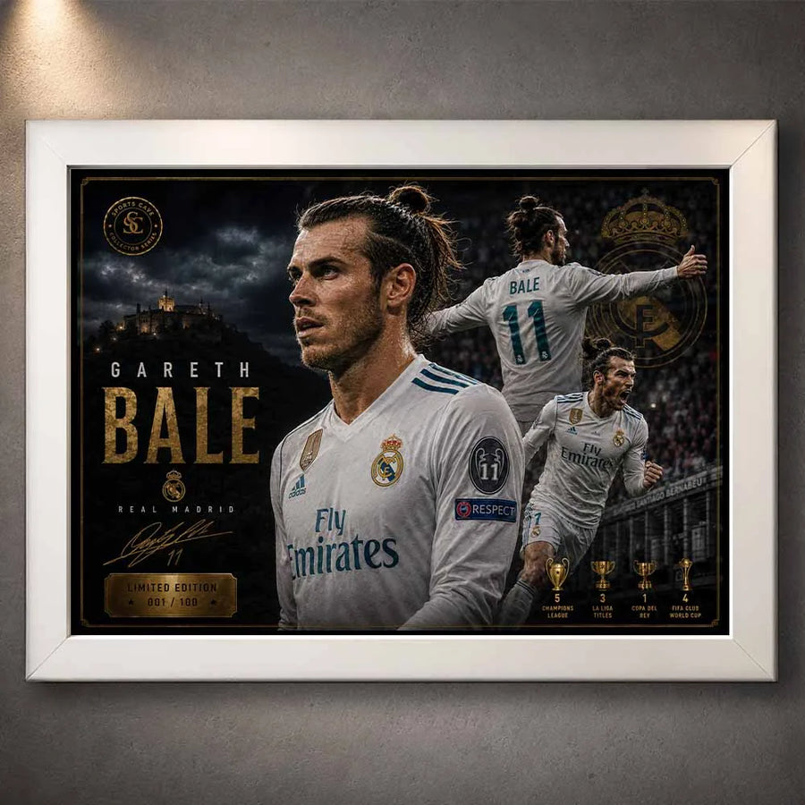 Gareth Bale Real Madrid framed sports art in a white frame featuring legendary Champions League success.
