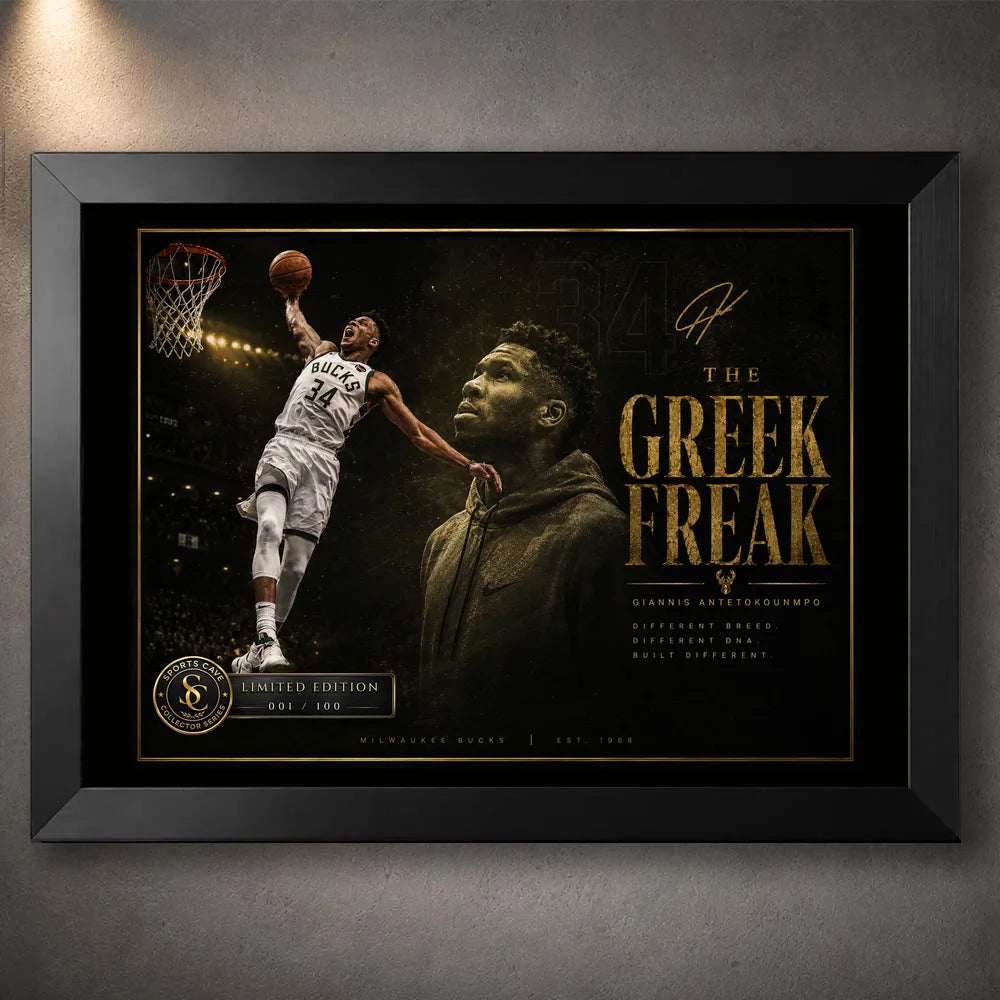 Giannis Antetokounmpo Greek Freak NBA wall art in a black frame with dark gold collector-style design.