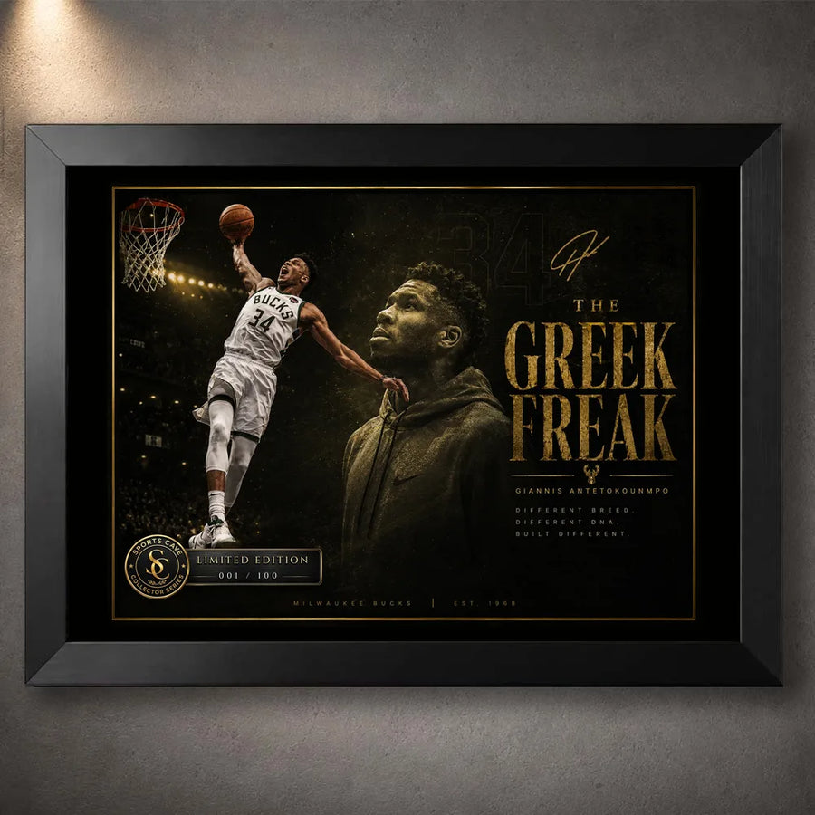 Giannis Antetokounmpo Greek Freak NBA wall art in a black frame with dark gold collector-style design.