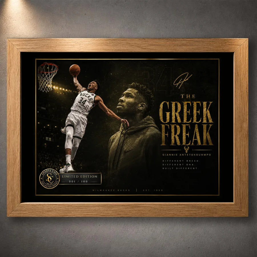Giannis Antetokounmpo Greek Freak NBA wall art shown in an oak frame against a grey wall.