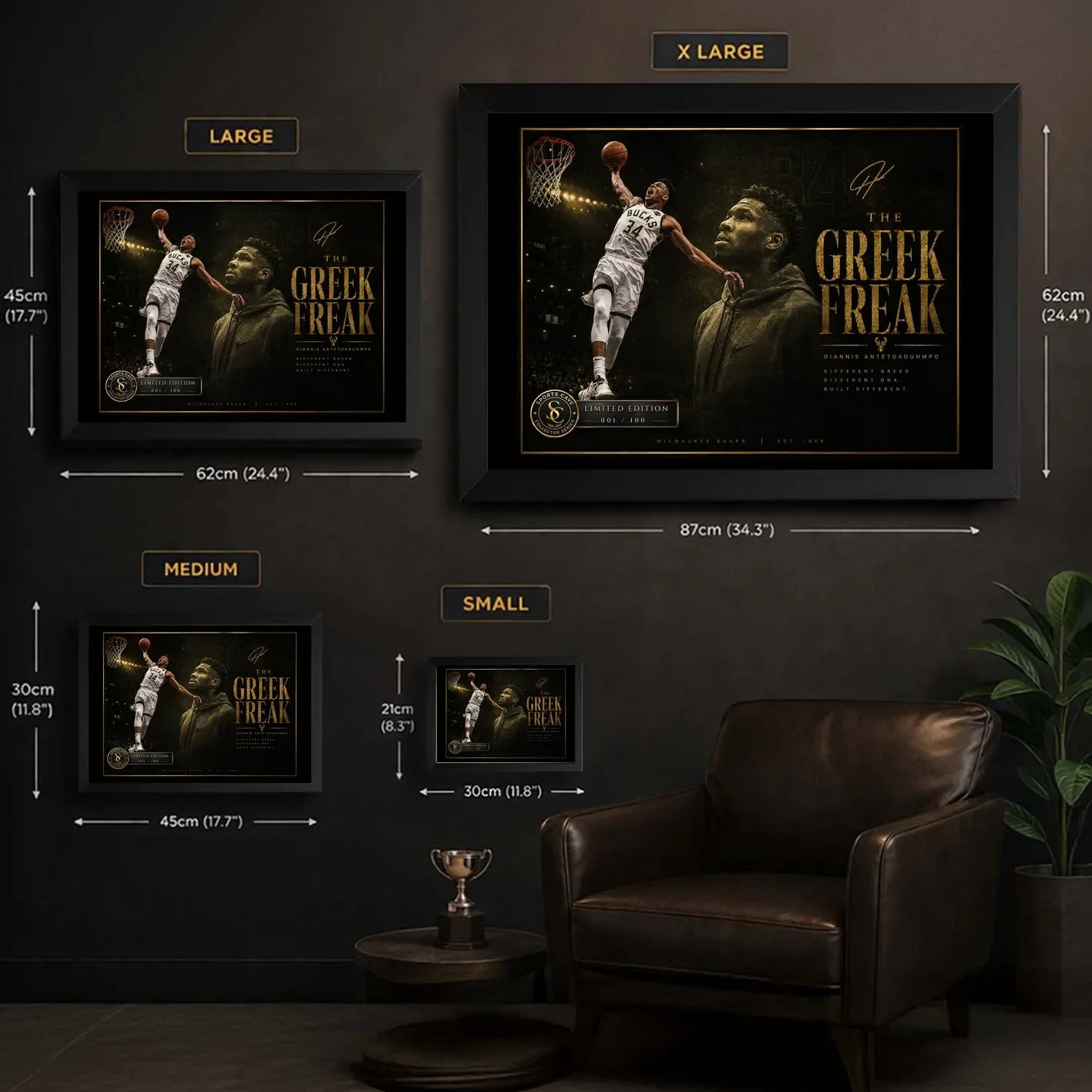 Giannis Antetokounmpo framed basketball wall art size guide showing S, M, L and XL wall display options.