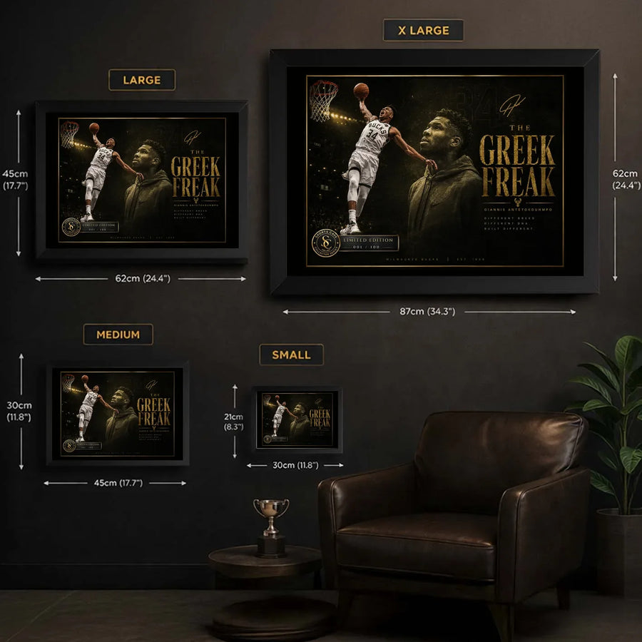 Giannis Antetokounmpo framed basketball wall art size guide showing S, M, L and XL wall display options.