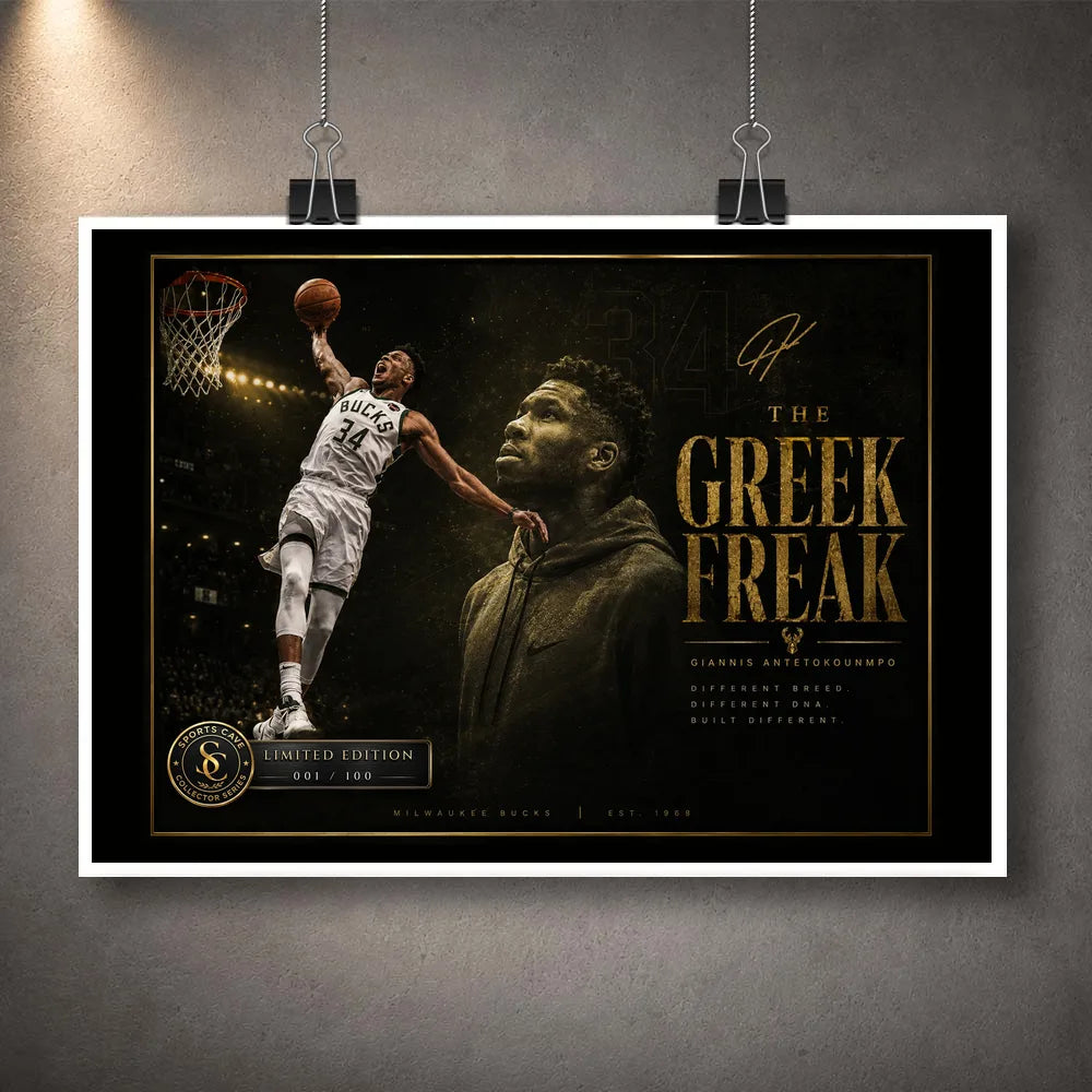 Giannis Antetokounmpo Greek Freak basketball wall art shown as an unframed print clipped on a grey wall.
