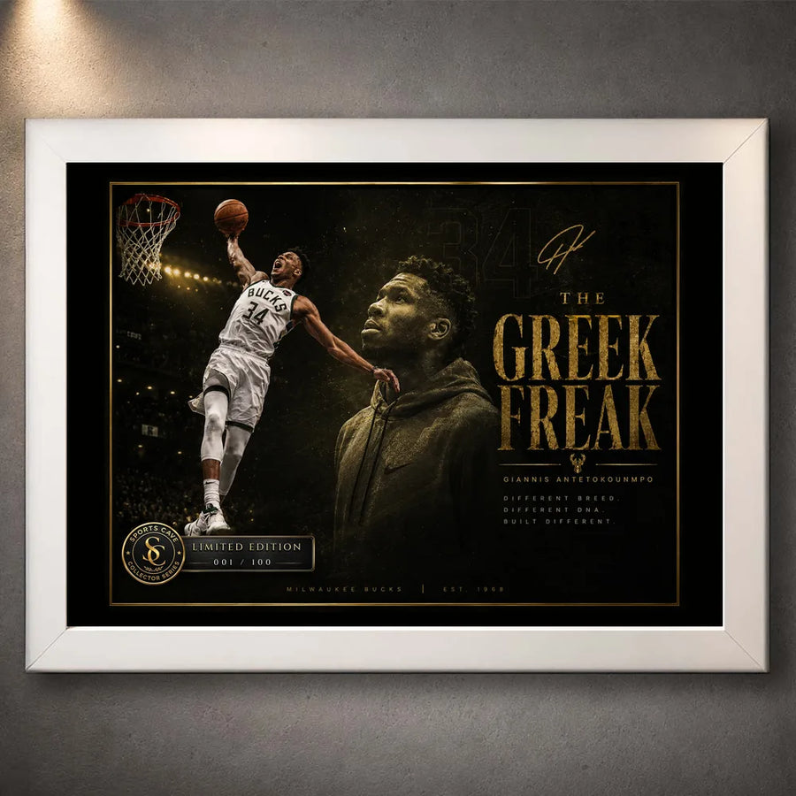 Giannis Antetokounmpo Greek Freak basketball wall art shown in a white frame against a grey wall.