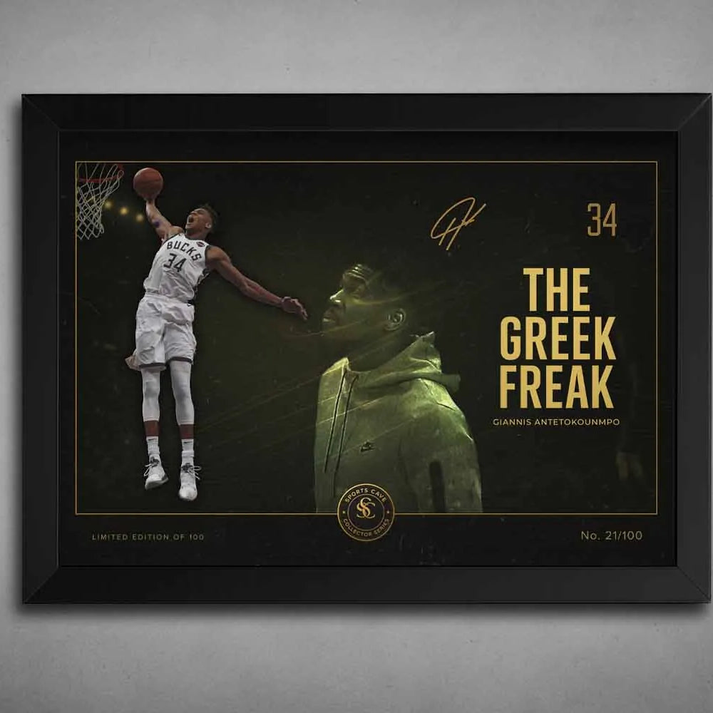 Giannis Antetokounmpo “The Greek Freak” limited edition NBA sports wall art in black frame.