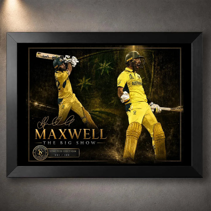 Glen Maxwell The Big Show cricket wall art in a premium black frame, shown front-on with limited edition details.