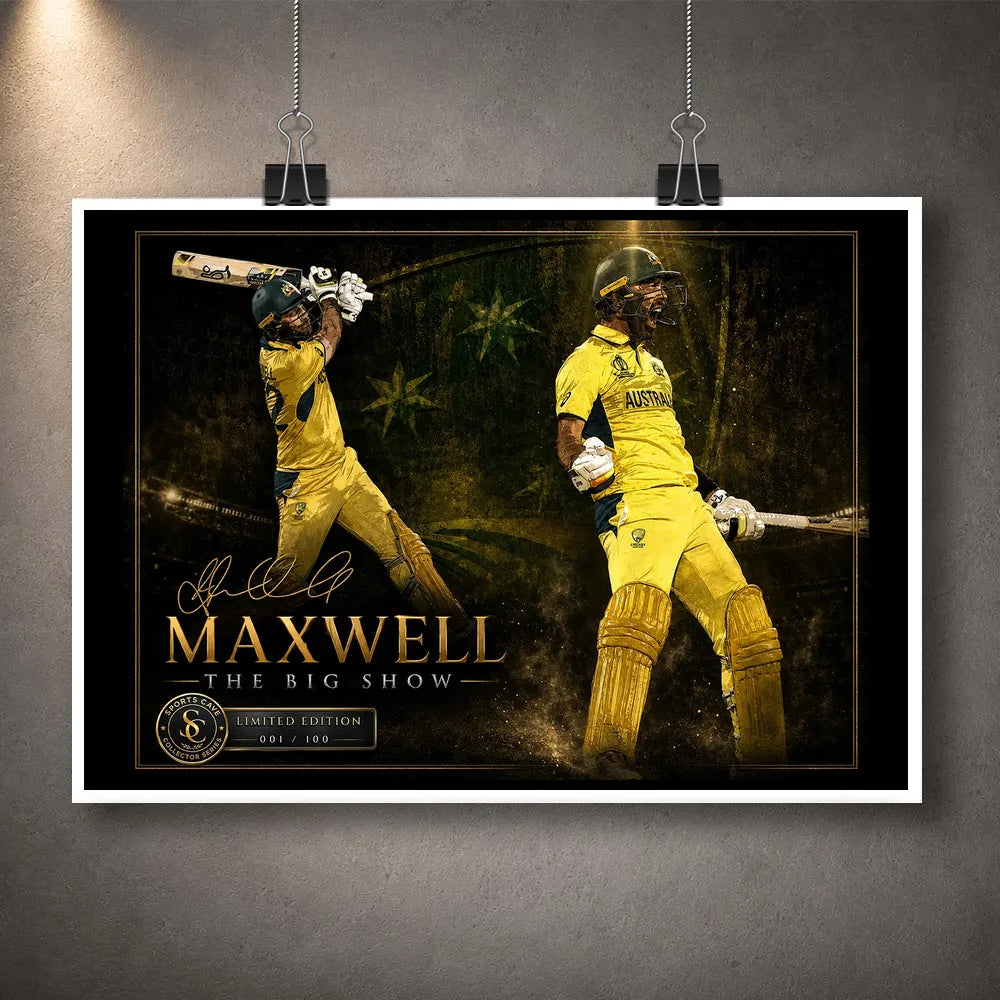 Glen Maxwell The Big Show unframed cricket wall art displayed as a premium print with a clean white border.