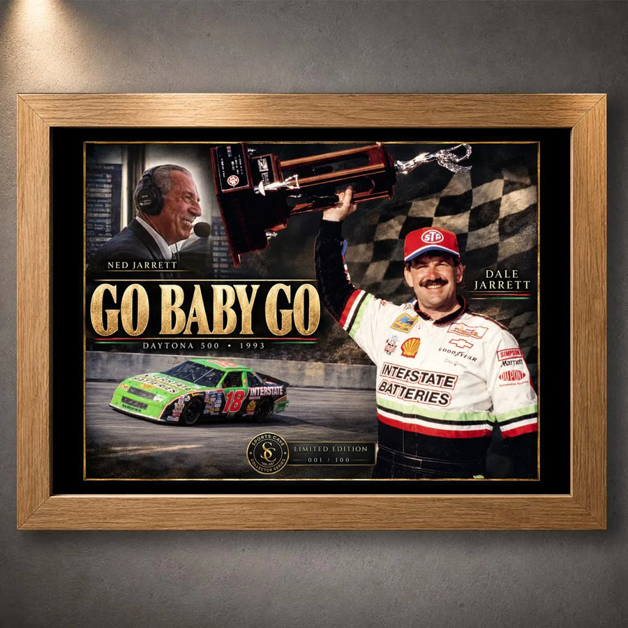 Oak framed Dale and Ned Jarrett Go Baby Go NASCAR wall art for a motorsport collector display.