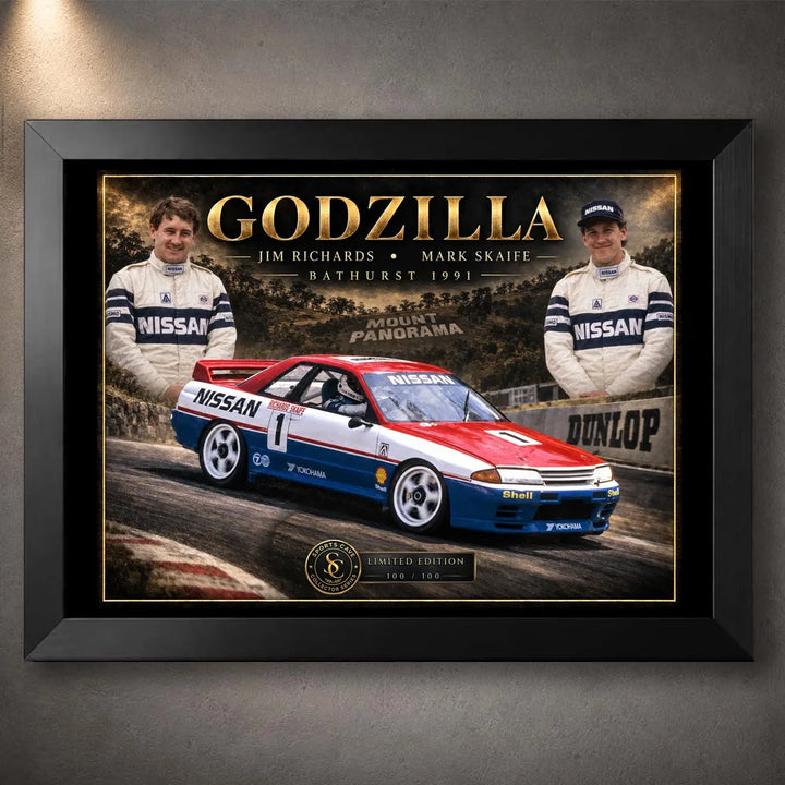 Black framed Jim Richards and Mark Skaife Godzilla motorsport wall art featuring the Nissan Skyline GT-R at Bathurst.