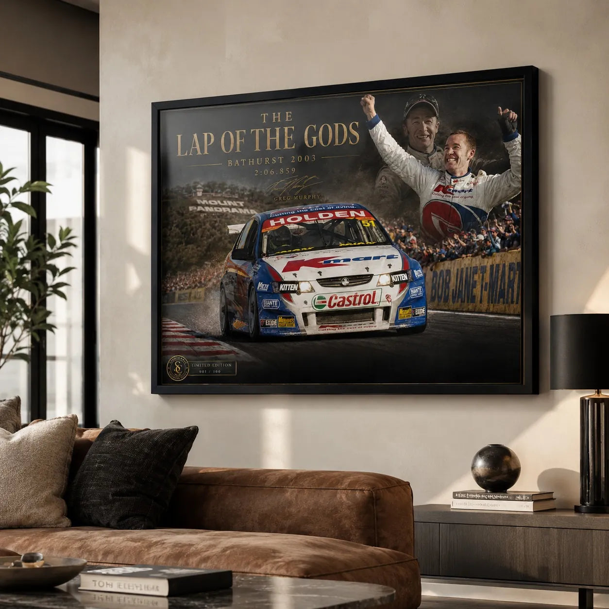 Greg Murphy Bathurst wall art displayed in a modern living room for collectors of iconic racing moments.