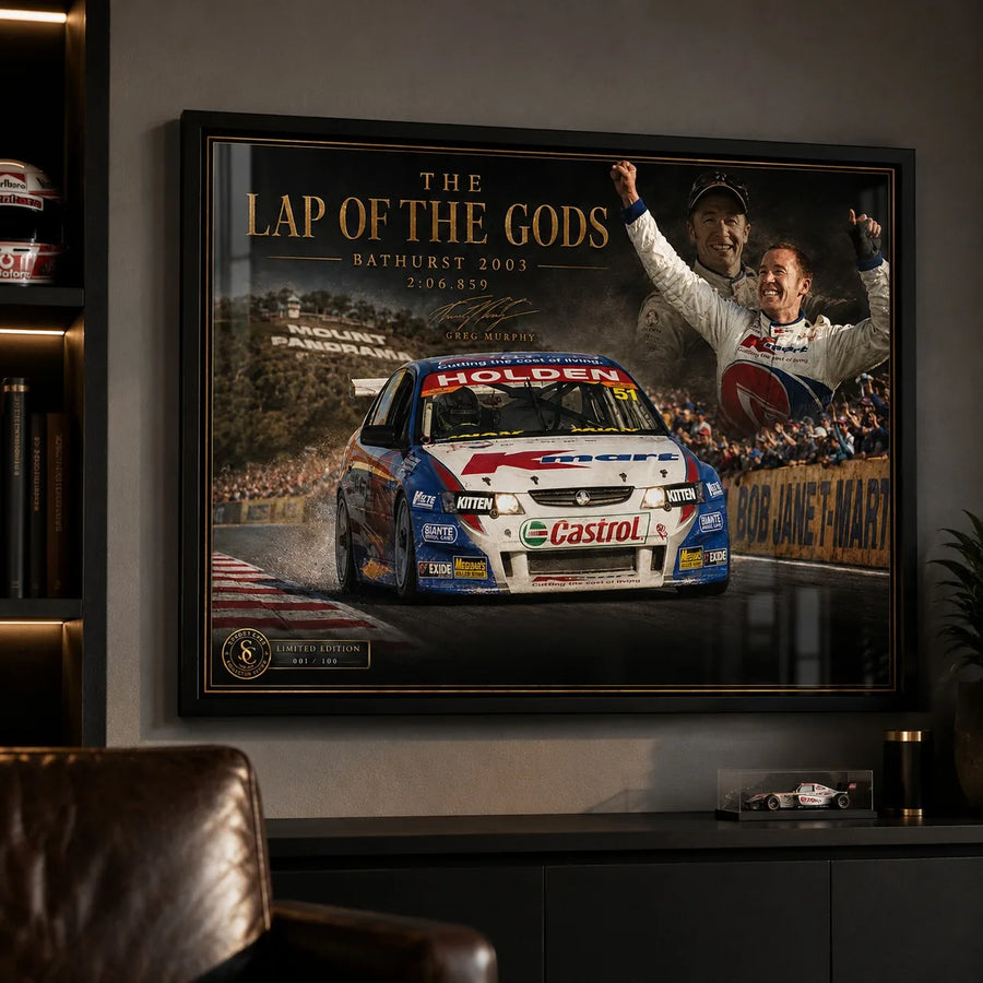 Greg Murphy Lap of the Gods framed sports memorabilia styled in a dark man cave for true V8 racing fans.