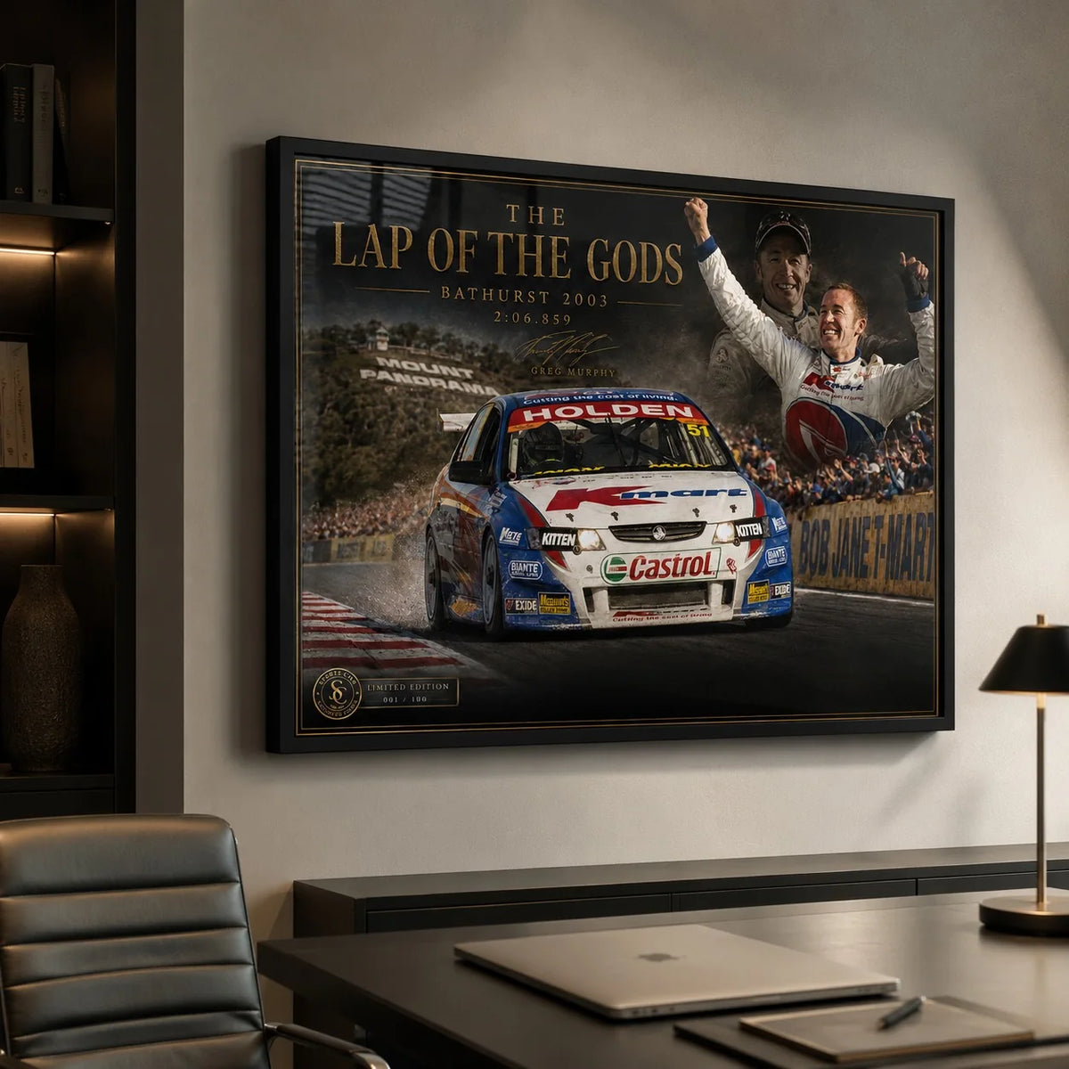 Greg Murphy Bathurst wall art displayed in a clean office setting for collectors of iconic racing moments.