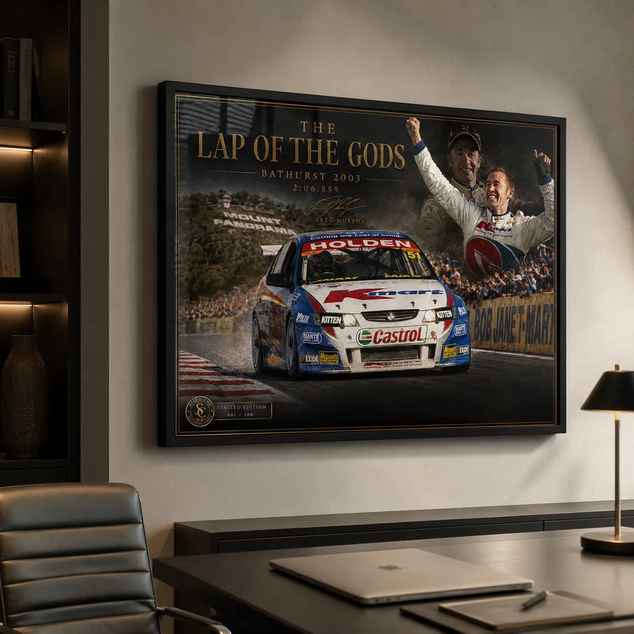 Greg Murphy Bathurst wall art displayed in a clean office setting for collectors of iconic racing moments.