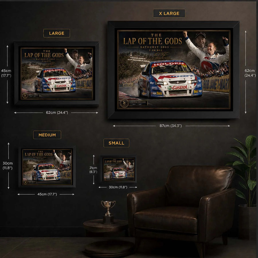 Greg Murphy Bathurst wall art size guide showing framed options for limited edition motorsport collectors.