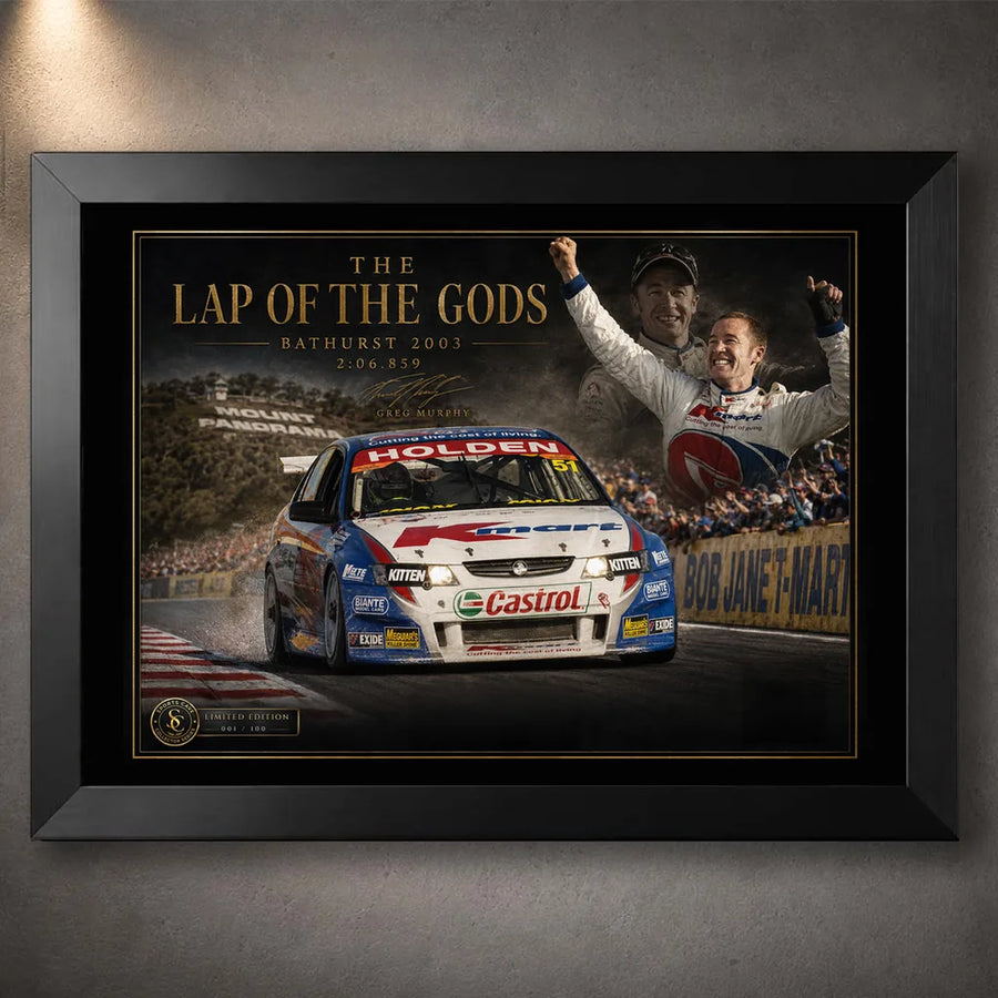 Black framed Greg Murphy Bathurst wall art celebrating the Lap of the Gods for Australian motorsport fans.