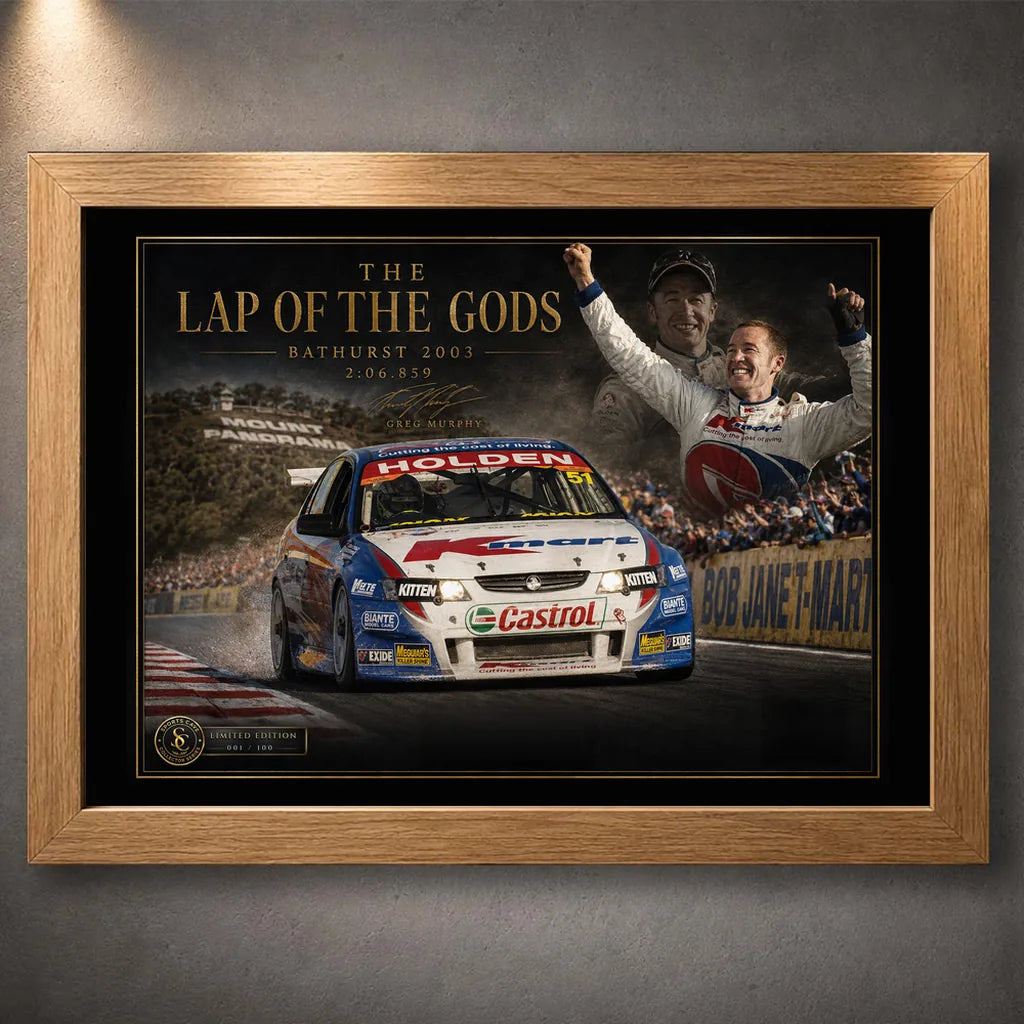 Oak framed Greg Murphy Bathurst wall art with collector styling for fans of Australian motor racing history.