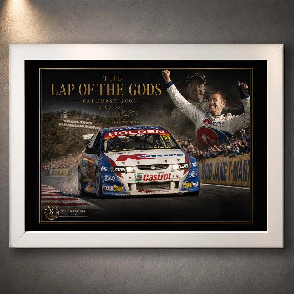 White framed Greg Murphy Bathurst wall art featuring the Lap of the Gods moment for motorsport collectors.