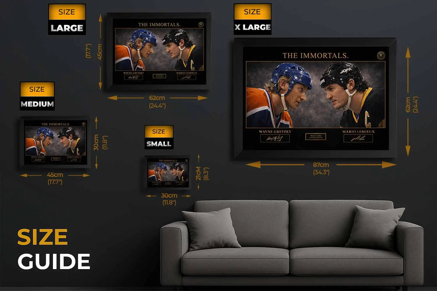 Size guide for Wayne Gretzky vs. Mario Lemieux framed sports art, showcasing different frame sizes for your space.