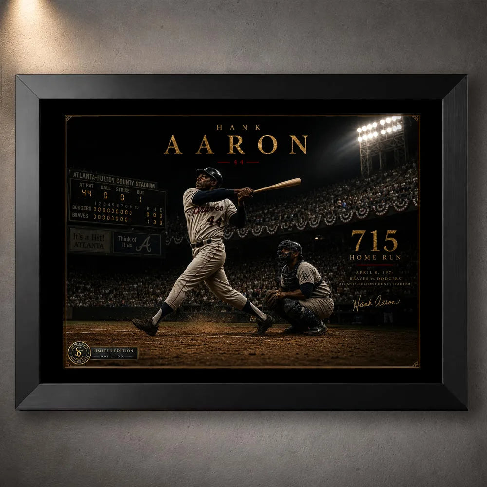 Hank Aaron 715th home run baseball wall art shown in a premium black frame against a softly lit concrete wall.