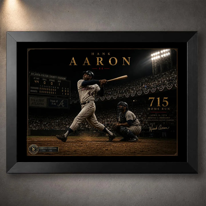 Hank Aaron 715th home run baseball wall art shown in a premium black frame against a softly lit concrete wall.