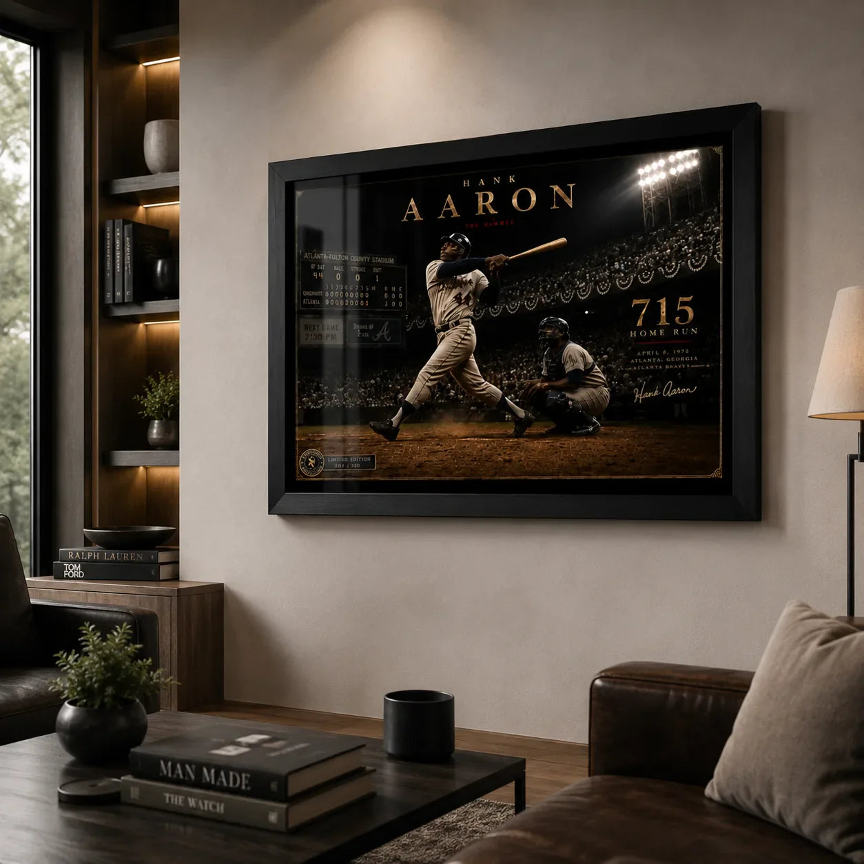 Hank Aaron 715th home run framed baseball wall art displayed in a premium living room with warm timber shelving.