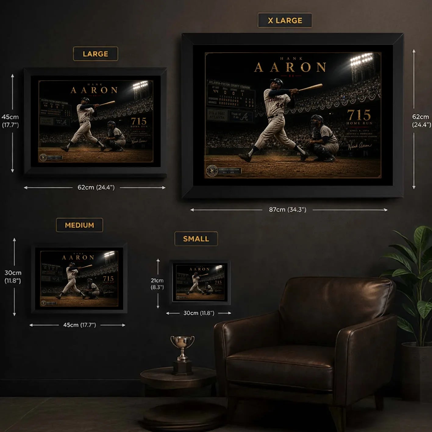 Hank Aaron 715th home run baseball wall art size guide comparing Small Medium Large and XL framed dimensions.