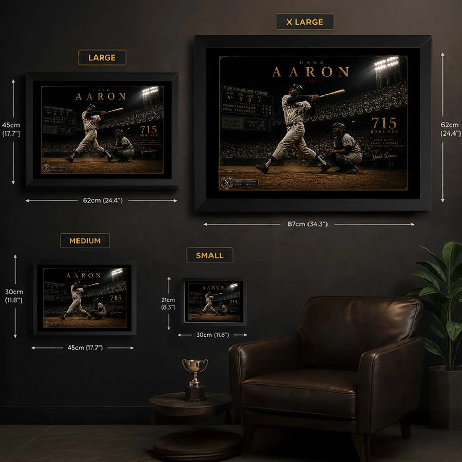 Hank Aaron 715th home run baseball wall art size guide comparing Small Medium Large and XL framed dimensions.