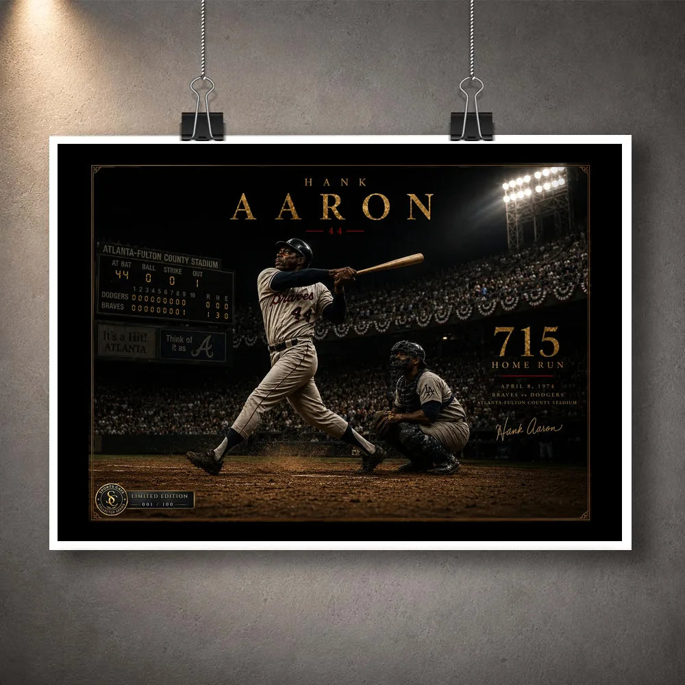 Hank Aaron 715th home run unframed baseball wall art print displayed with a clean white border and hanging clips.
