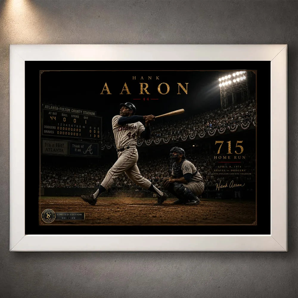 Hank Aaron 715th home run baseball wall art shown in a clean white frame against a softly lit textured wall.