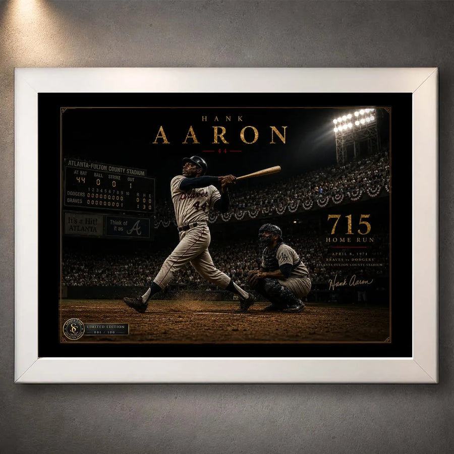 Hank Aaron 715th home run baseball wall art shown in a clean white frame against a softly lit textured wall.