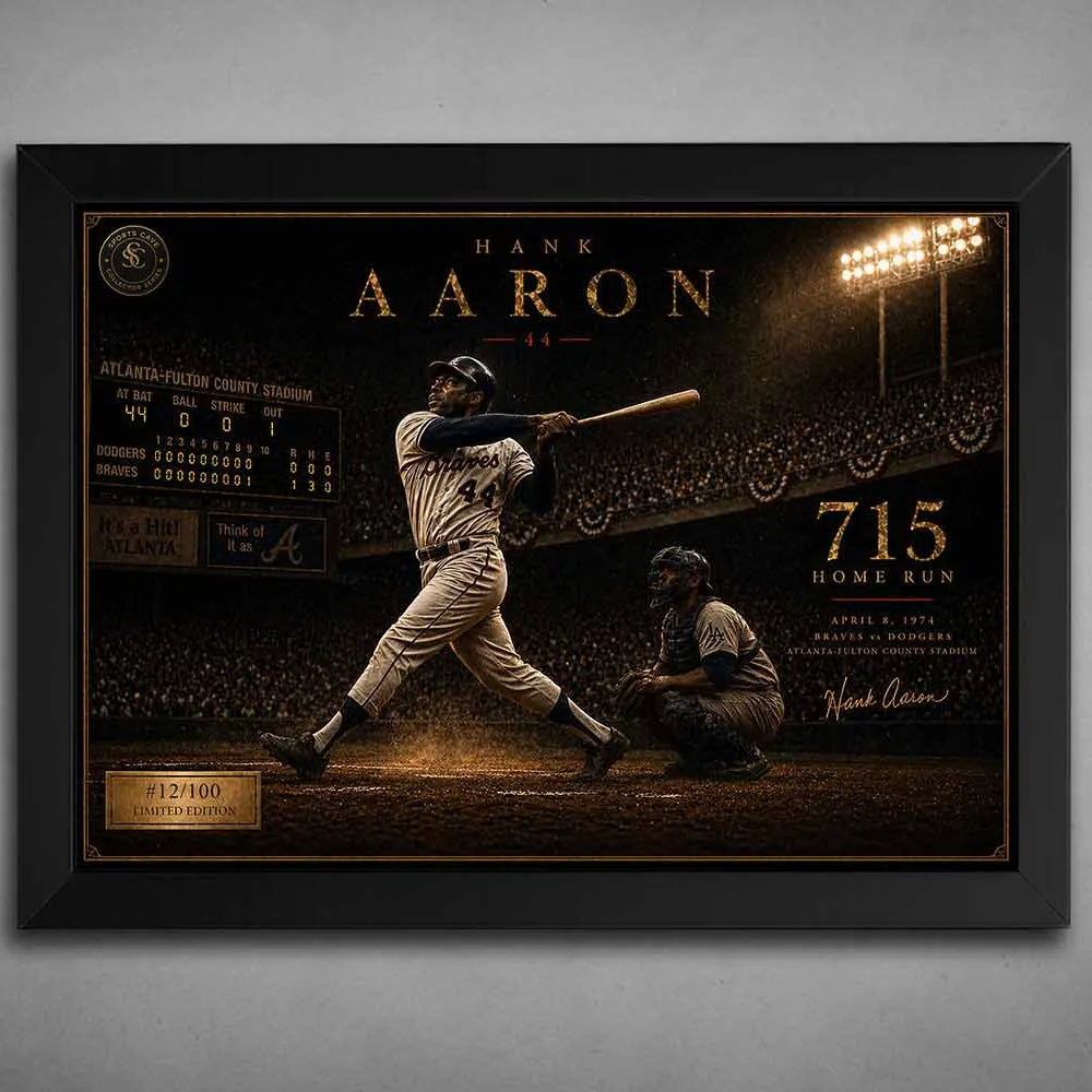 Hank Aaron 715 home run black framed sports wall art showing Braves legend swing under stadium lights in historic MLB moment