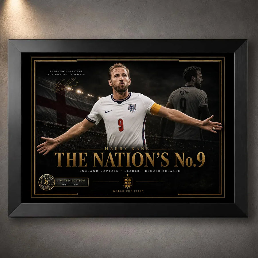 Harry Kane wall art in a black frame, showing The Nation’s No. 9 England football artwork on a dark stadium backdrop.