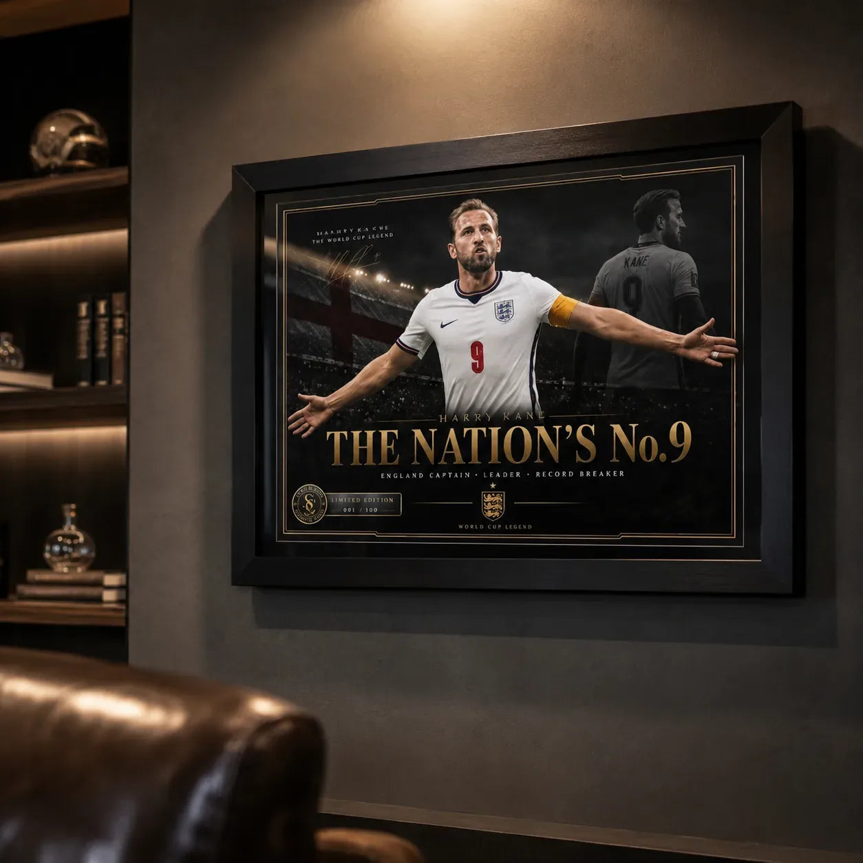 Harry Kane framed soccer wall art displayed in a dark sports lounge with shelving and warm feature lighting.