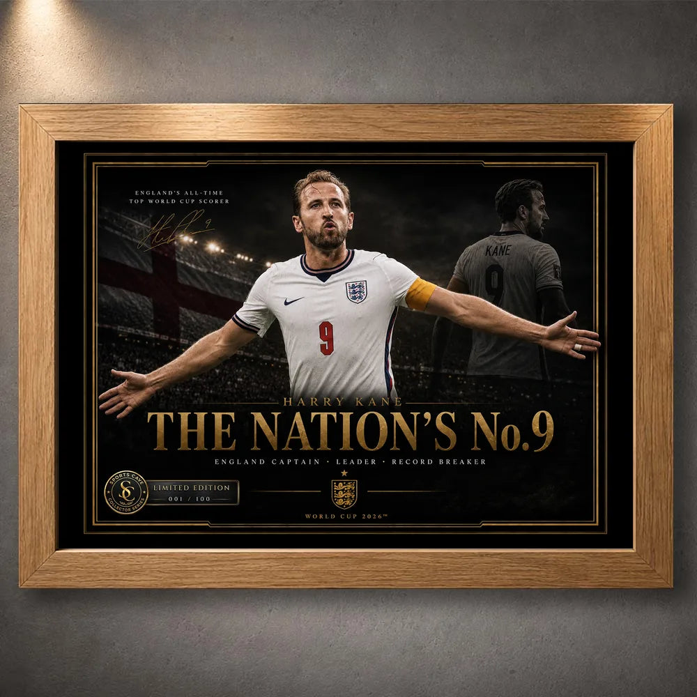 Harry Kane wall art in an oak frame, showing The Nation’s No. 9 England football artwork with gold detail.