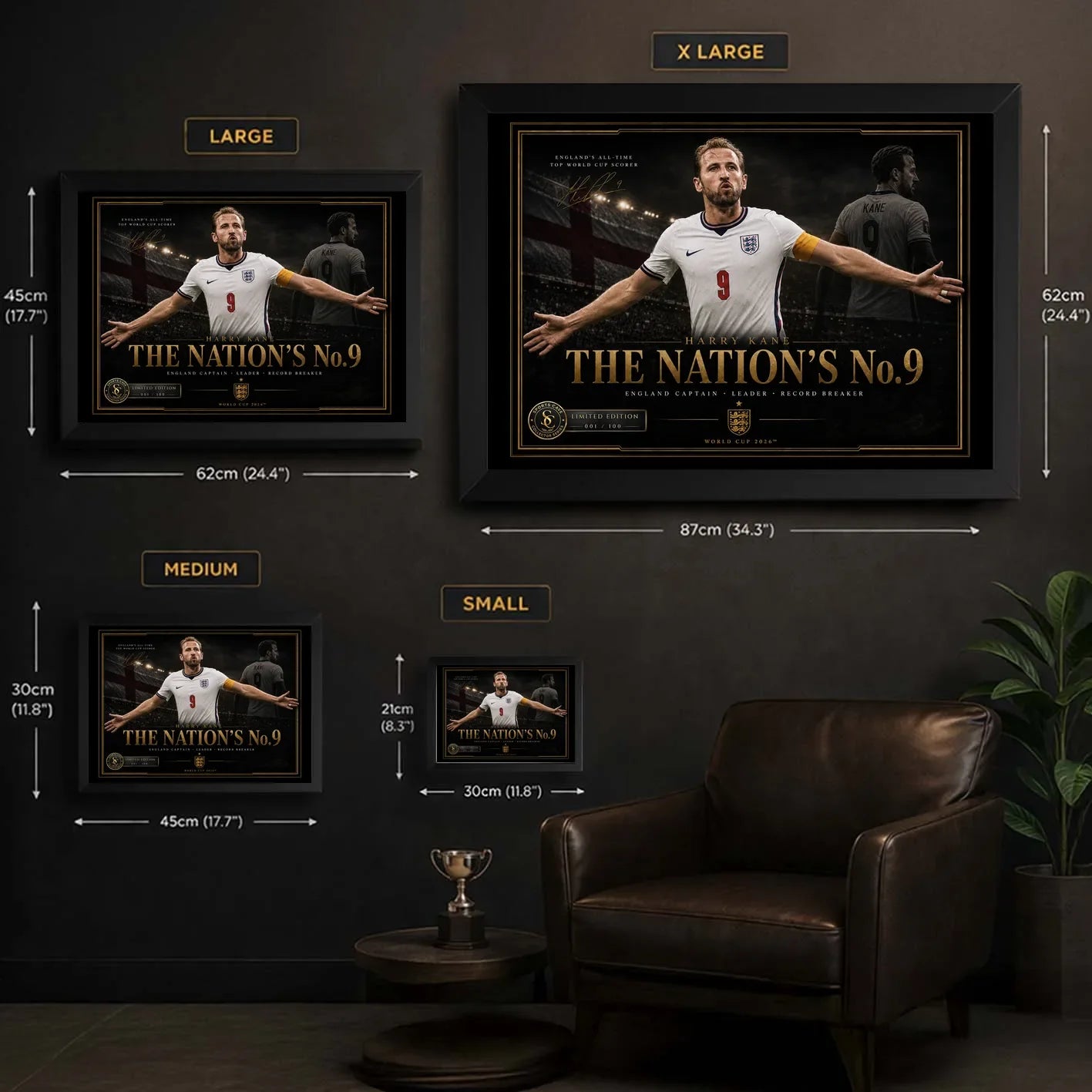 Harry Kane framed wall art size guide showing S, M, L and XL dimensions in centimetres and inches.